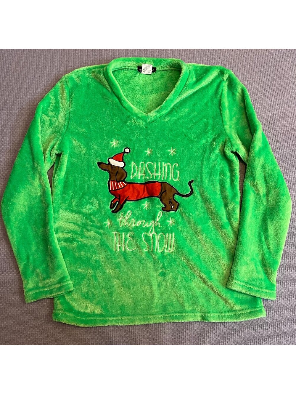 Women’s Christmas Sweatshirt size Large, “ Dashing through the Snow”, Weiner Dog